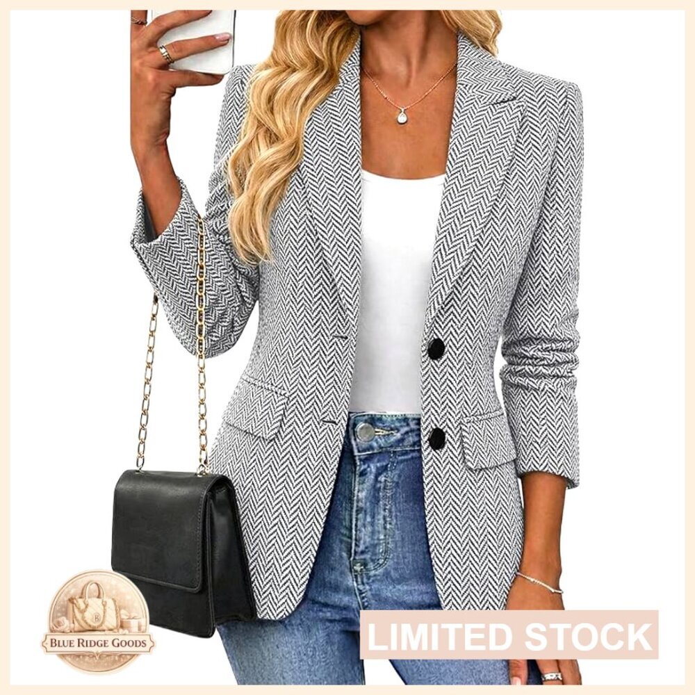 Herringbone Tweed Blazer Classic Work Office Jacket Notched Lapel Pockets